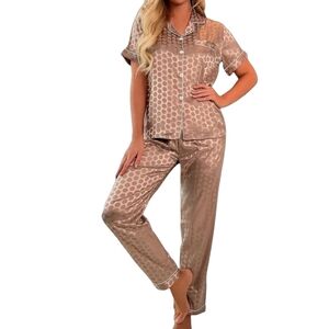 New Polka Dot Satin Khaki Pajama Set Medium